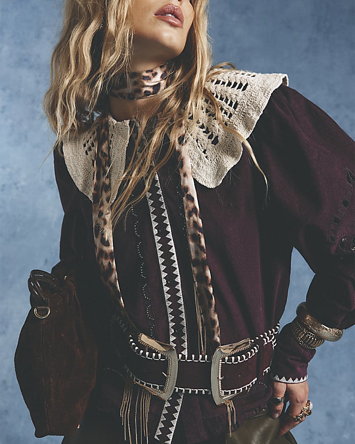 Brown Crochet Collar Corduroy Cutwork Blouse