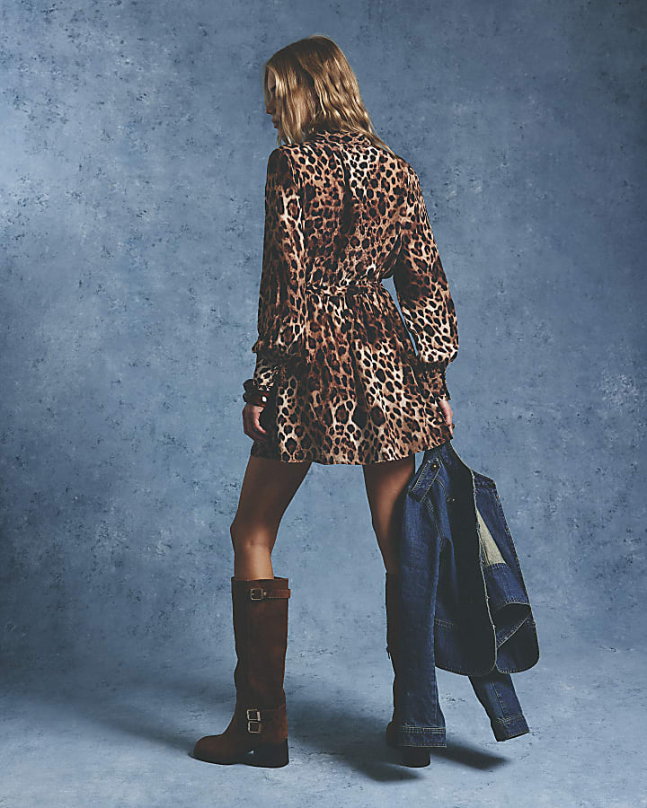 Brown Leopard Star Embroidered Shirt Dress
