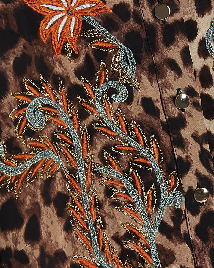 Brown Leopard Star Embroidered Shirt Dress