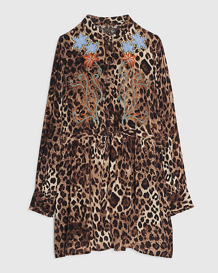 Brown Leopard Star Embroidered Shirt Dress