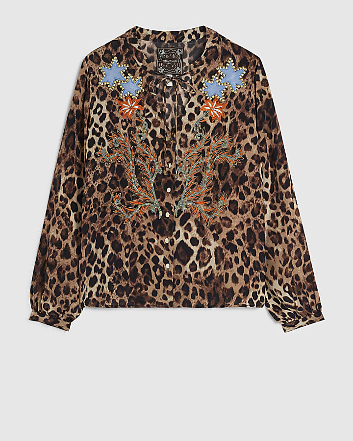 Brown Leopard Star Embroidered Blouse