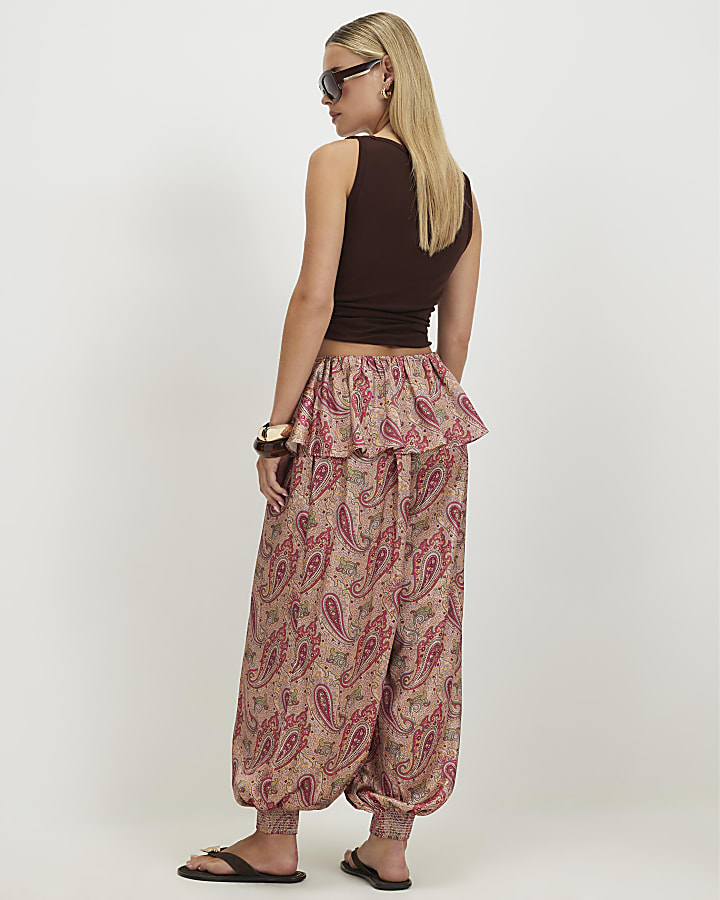 Petite Red Paisley Satin Trousers