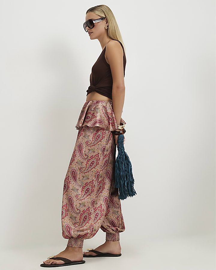 Petite Red Paisley Satin Trousers