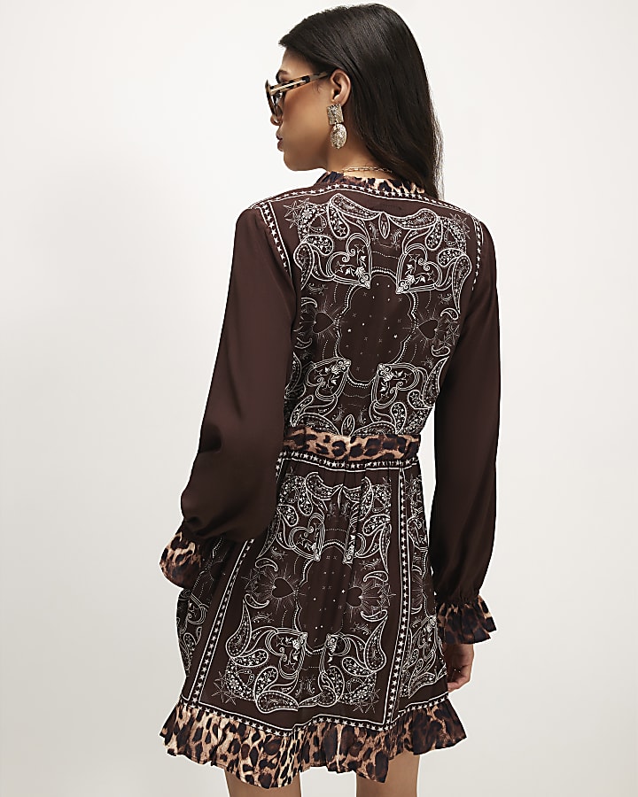 Brown Bandana Placed Mini Dress