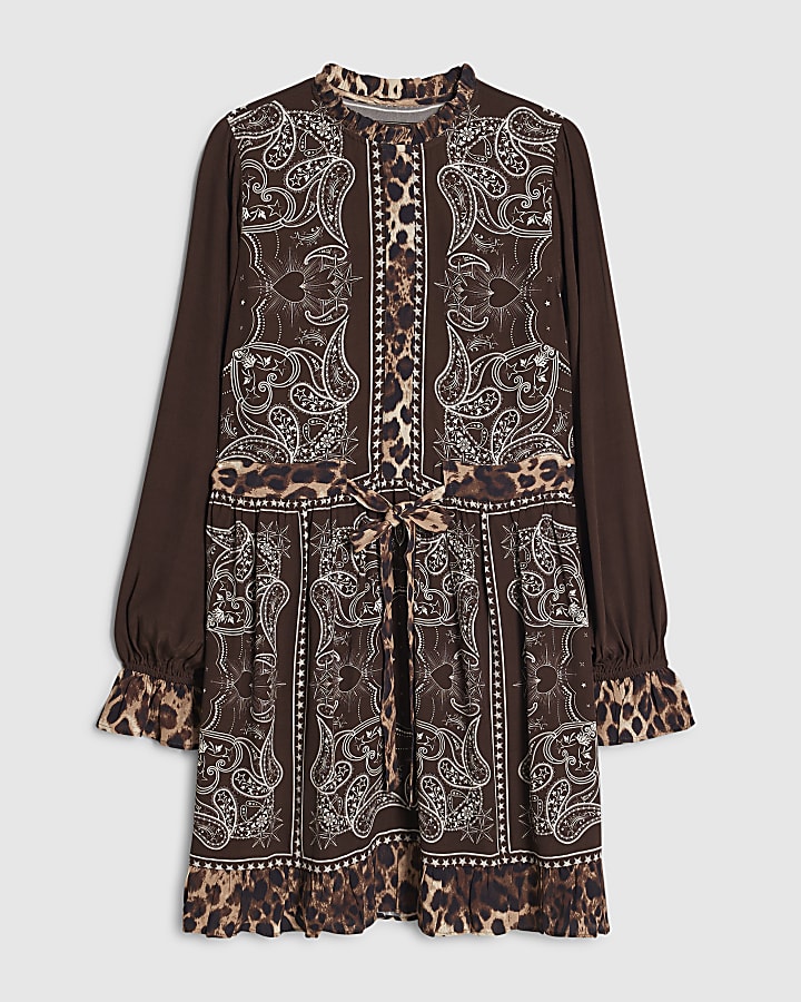 Brown Bandana Placed Mini Dress