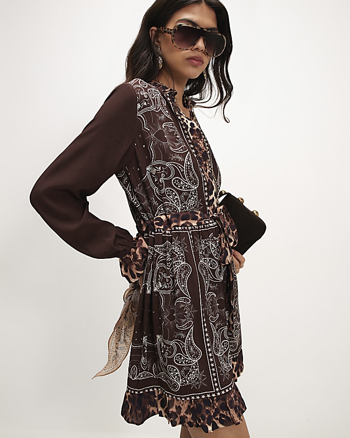 Brown Bandana Placed Mini Dress