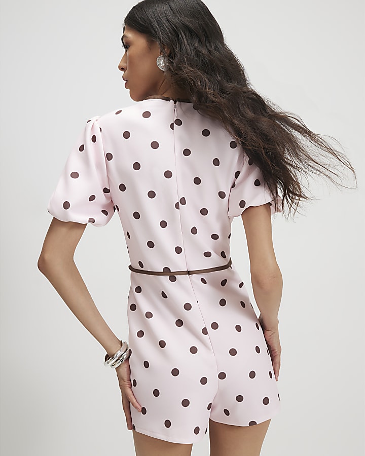 Pink Polka Dot Bow Front Playsuit