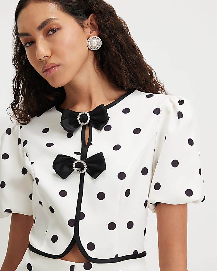 Cream Polka Dot Bow Front Playsuit