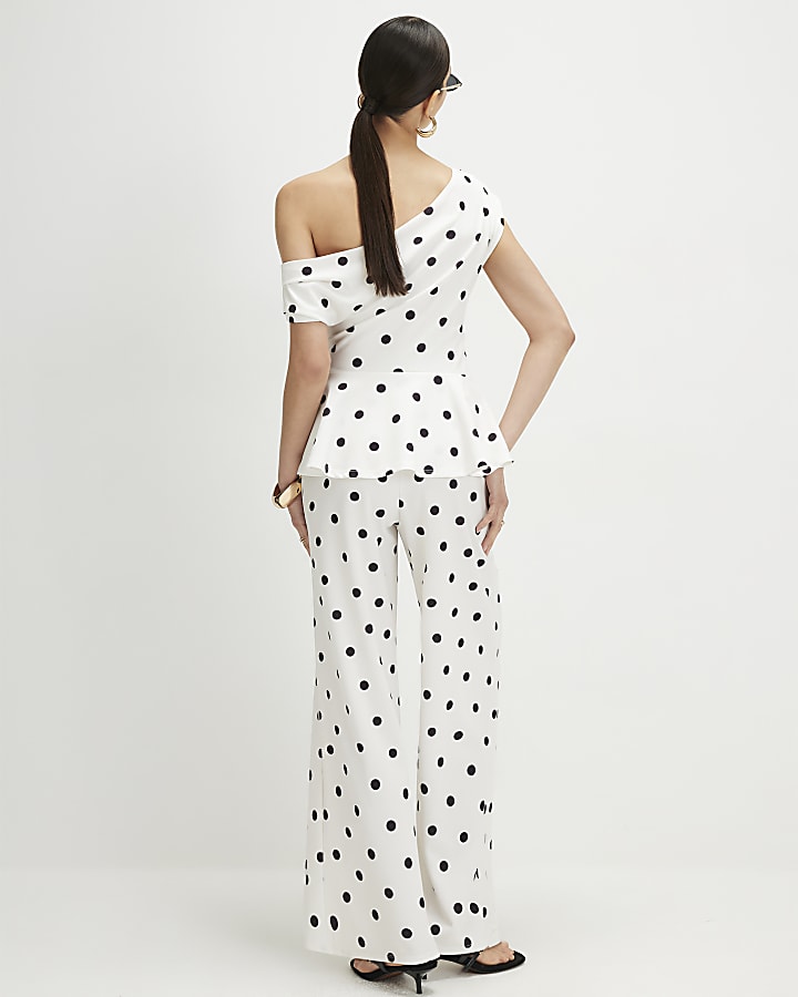 Cream Polka Dot Peplum Drape Jumpsuit