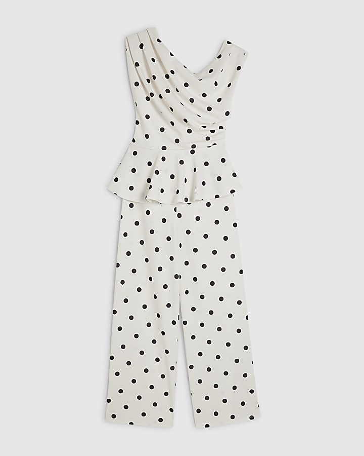 Cream Polka Dot Peplum Drape Jumpsuit