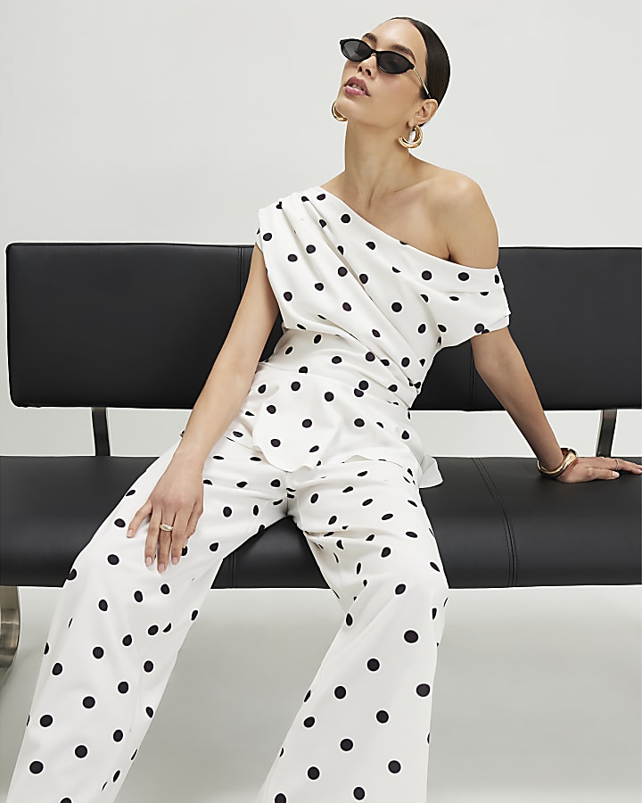 Cream Polka Dot Peplum Drape Jumpsuit