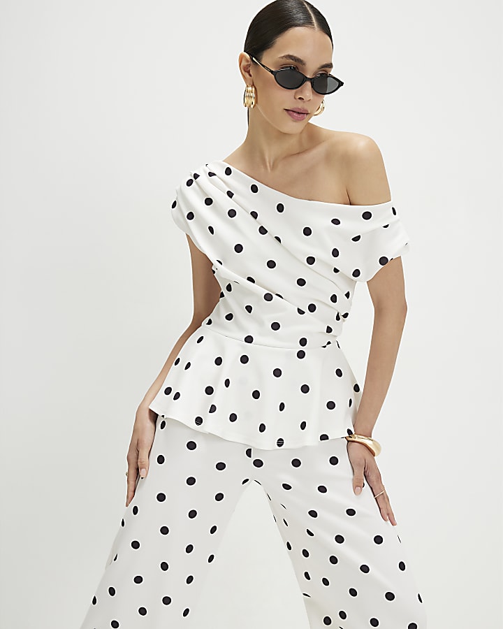 Cream Polka Dot Peplum Drape Jumpsuit
