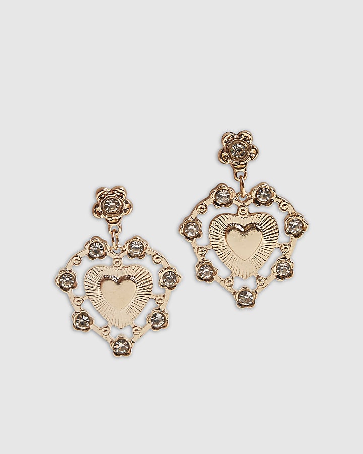 Gold Rhinestone Heart Drop Earrings