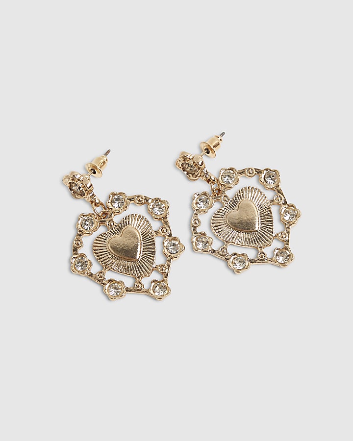 Gold Rhinestone Heart Drop Earrings