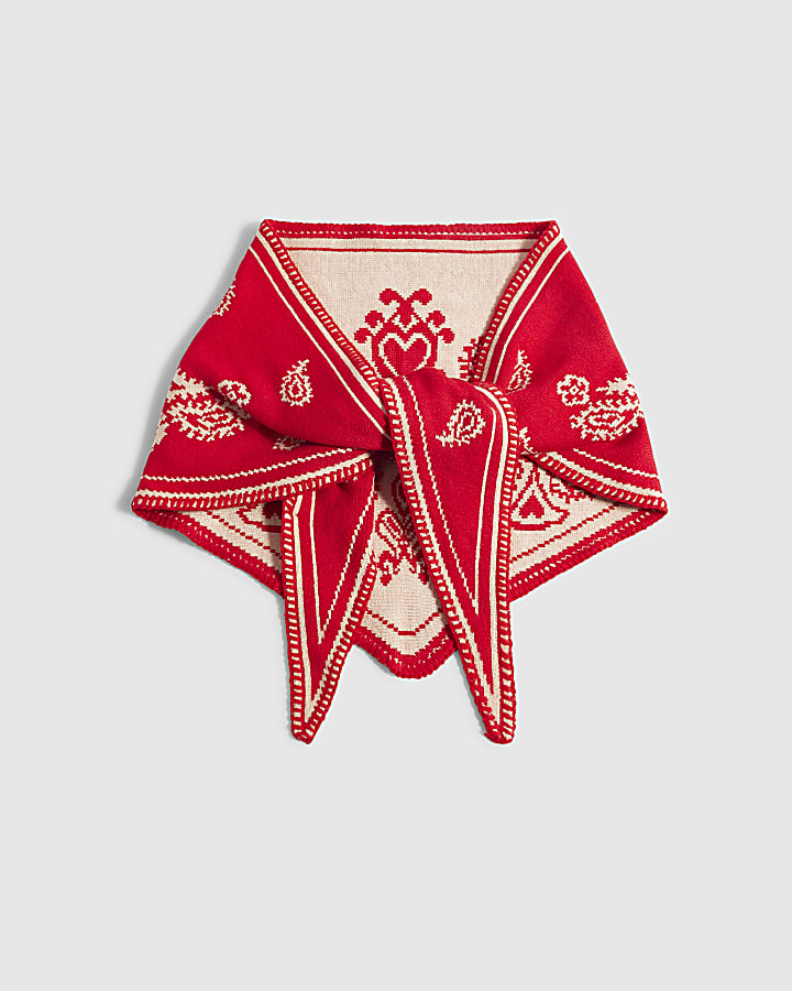 Red Knit Paisley Triangle Scarf
