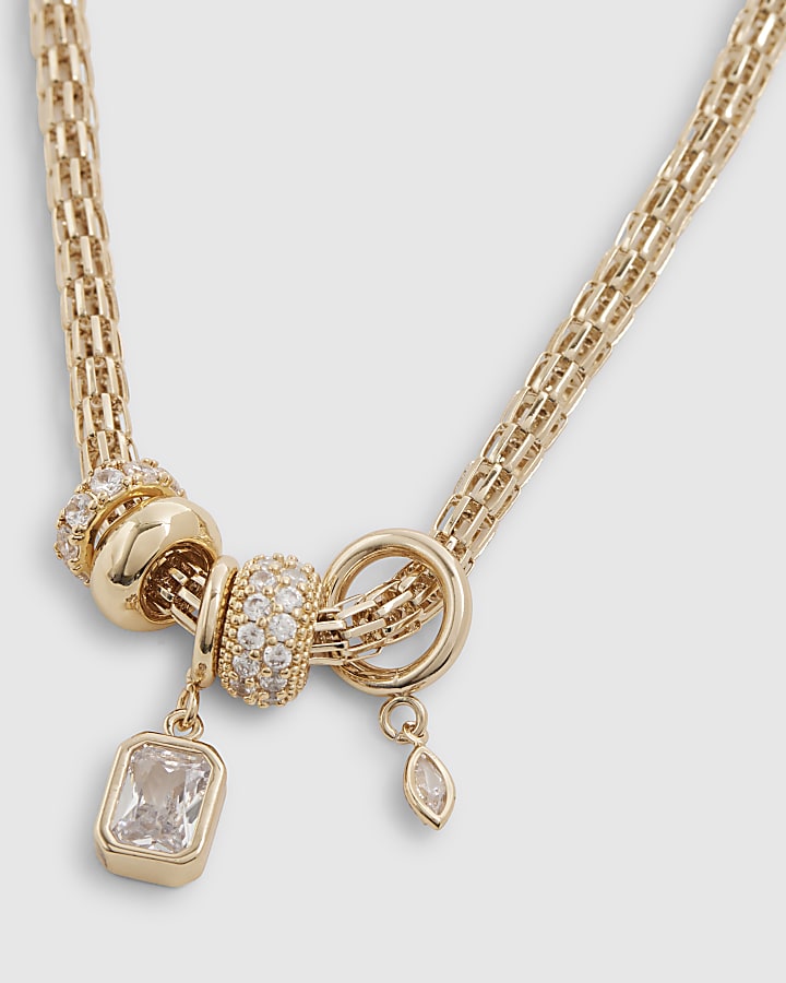 Gold Diamond Simulant Beaded Charm Necklace
