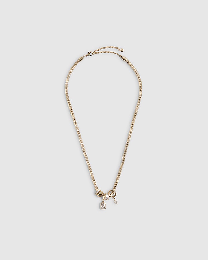 Gold Diamond Simulant Beaded Charm Necklace