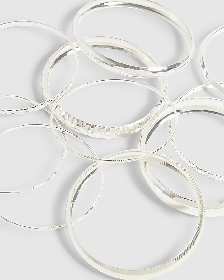 Silver Stack Of 10 Bangle Bracelets