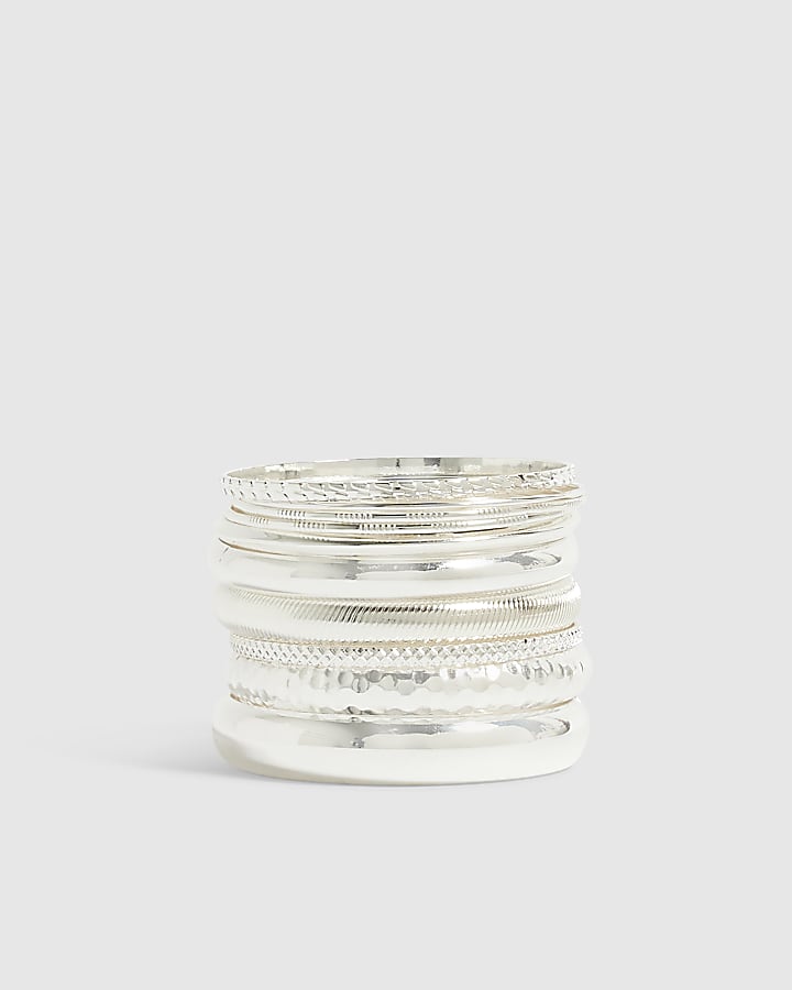 Silver Stack Of 10 Bangle Bracelets