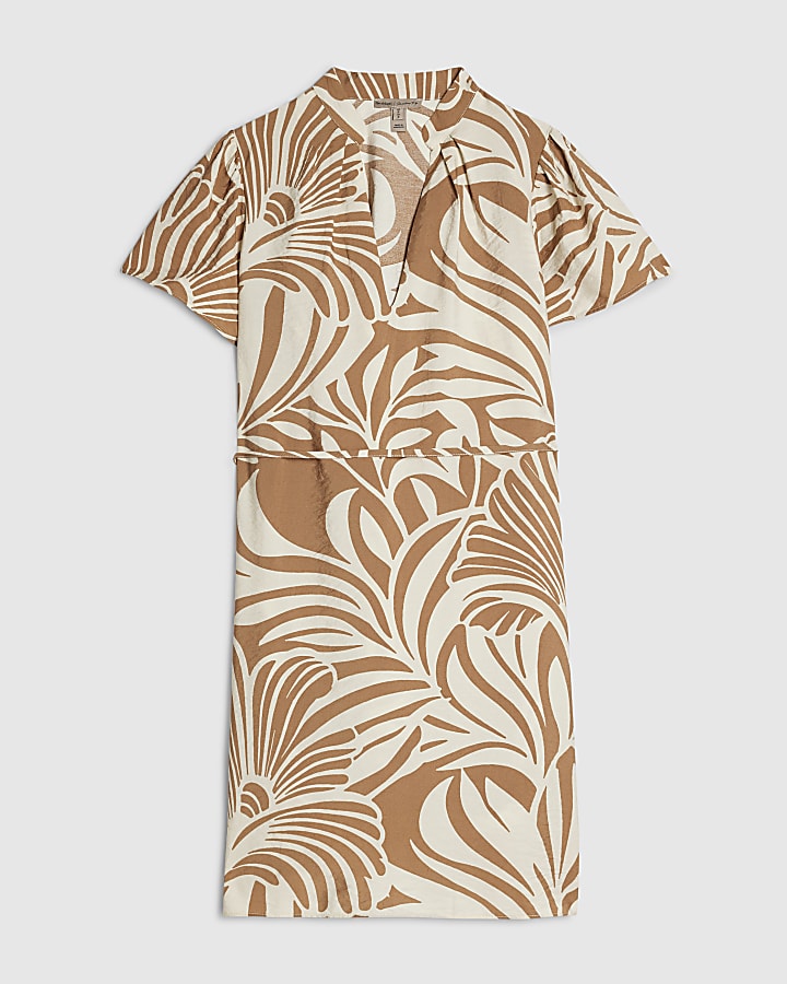 Beige Abstract Print Short Sleeve Mini Dress