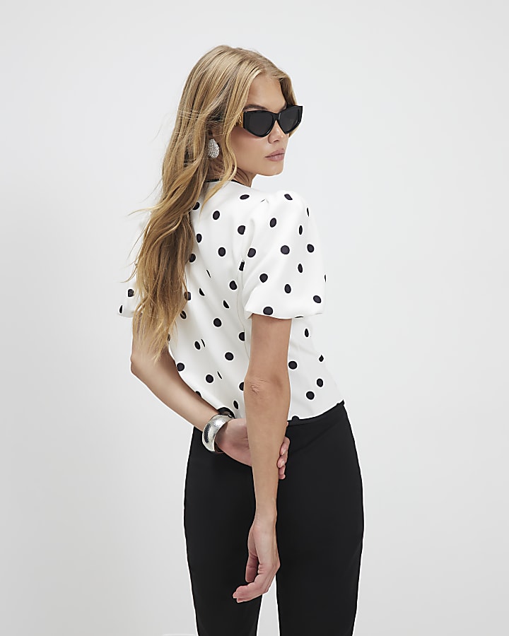 Cream Polka Dot Bow Front Top