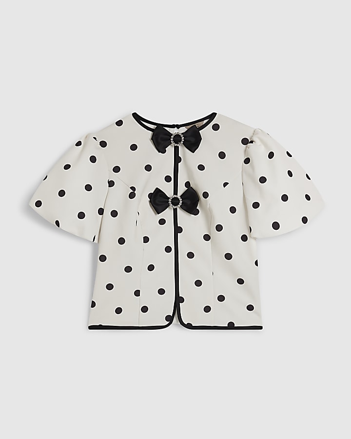 Cream Polka Dot Bow Front Top