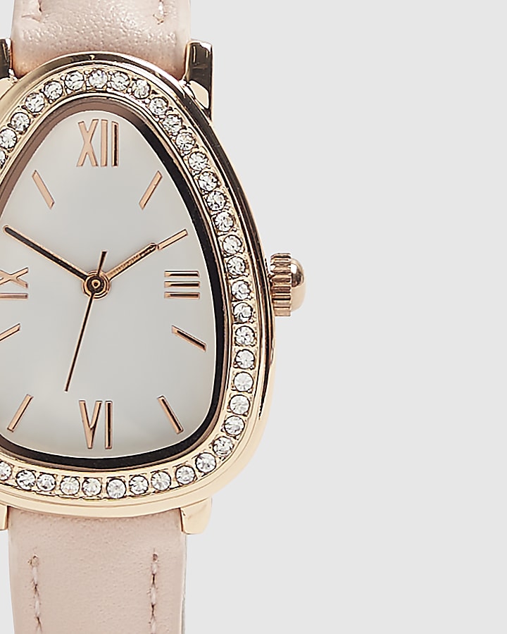 Pink Faux Leather Strap Rhinestone Watch