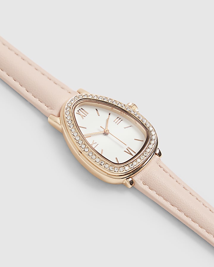 Pink Faux Leather Strap Rhinestone Watch