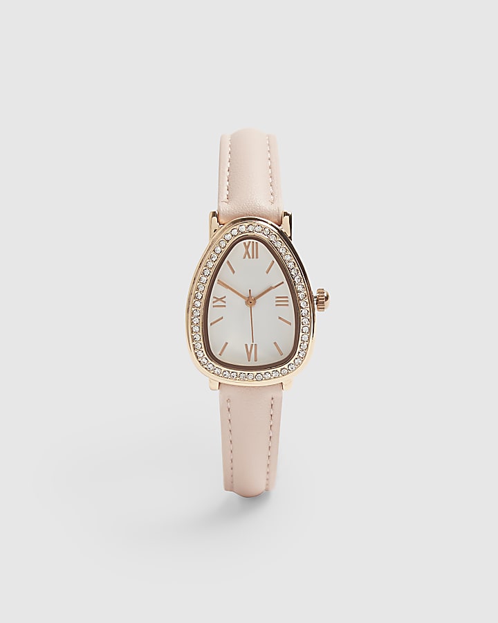 Pink Faux Leather Strap Rhinestone Watch