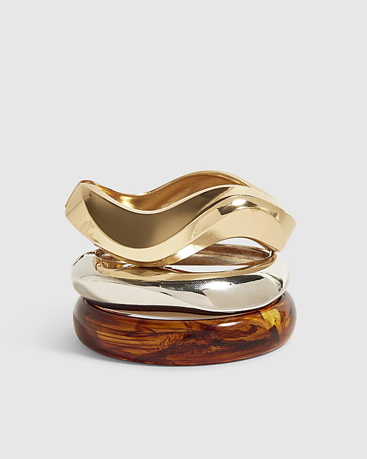 Gold Mixed Metal And Resin Bangle Set