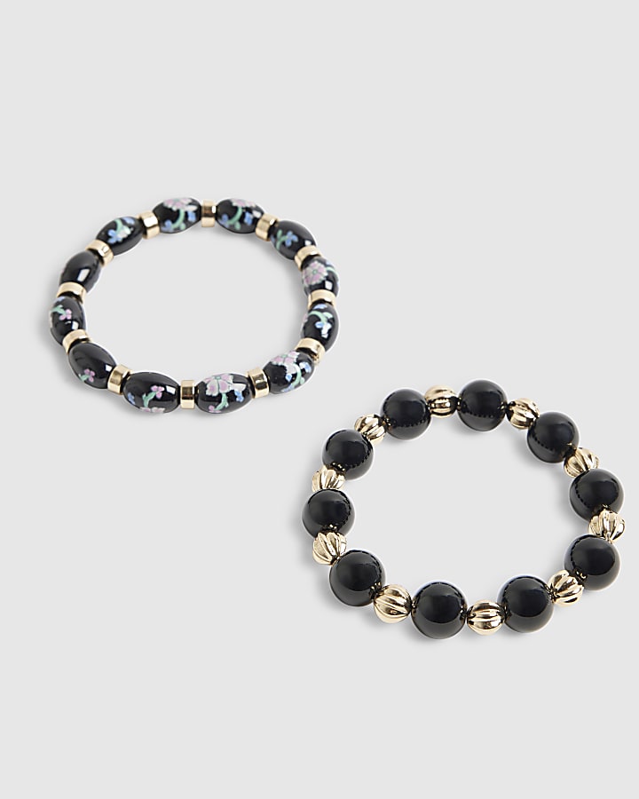 Black Floral Painted Bead Bracelets 2 Pack