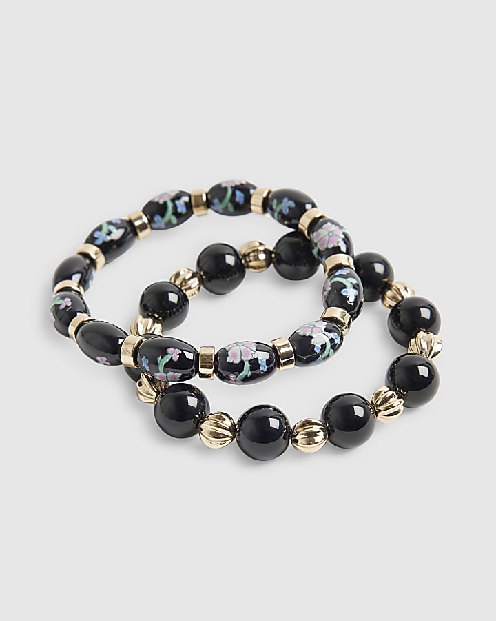 Black Floral Painted Bead Bracelets 2 Pack