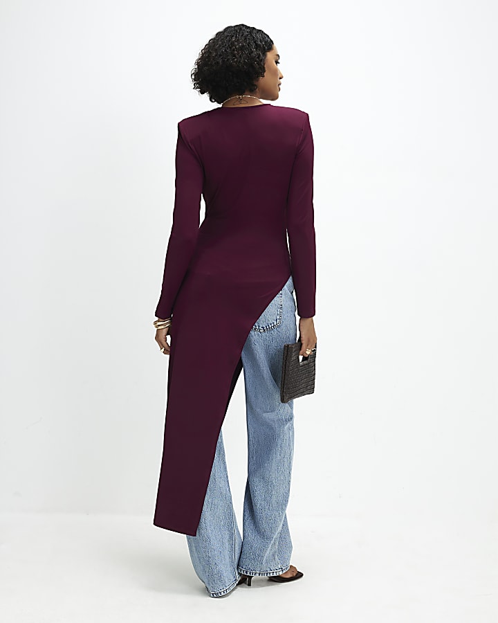 Red Shoulder Pad Long Asymmetric Top