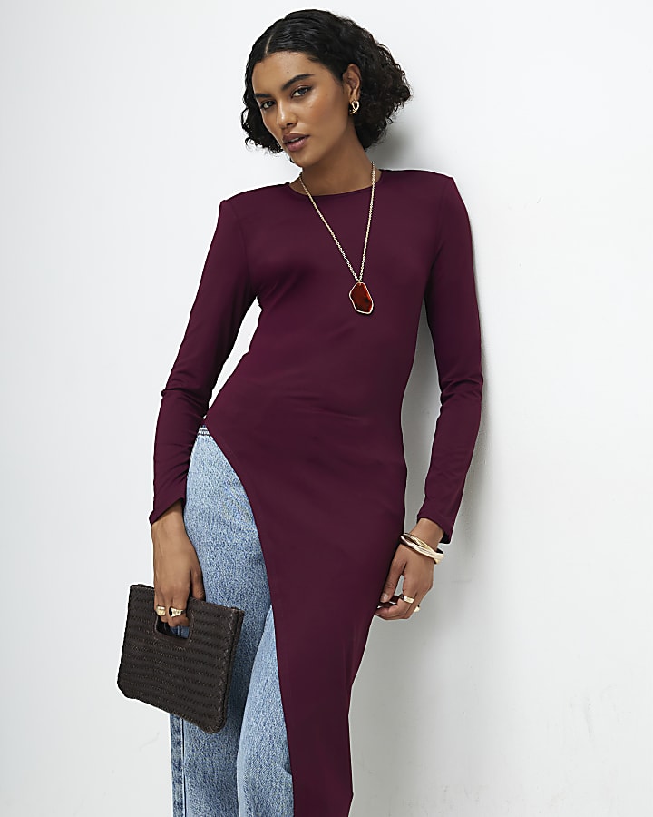 Red Shoulder Pad Long Asymmetric Top