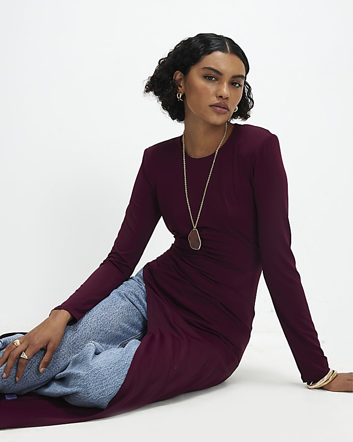 Red Shoulder Pad Long Asymmetric Top