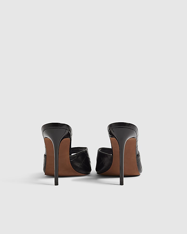 Black Croc Embossed Mule Heeled Sandals