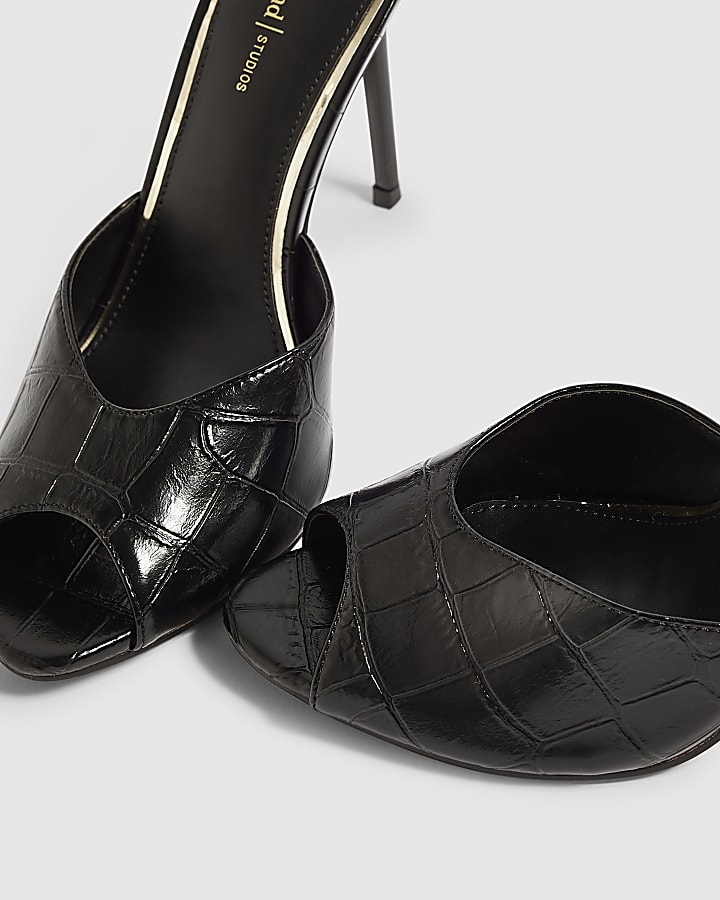 Black Croc Embossed Mule Heeled Sandals