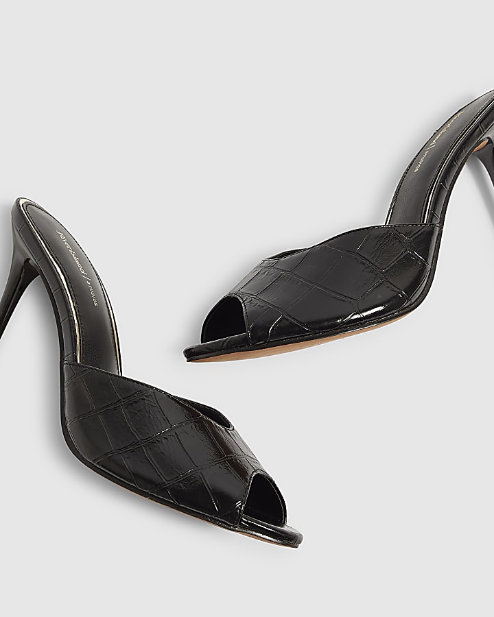 Black Croc Embossed Mule Heeled Sandals