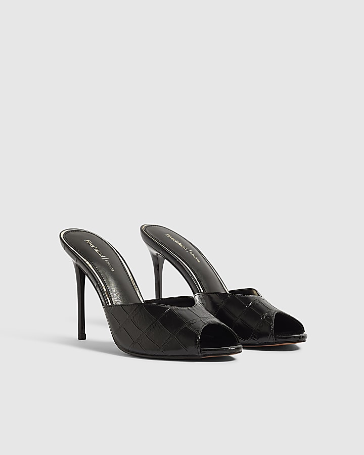 Black Croc Embossed Mule Heeled Sandals