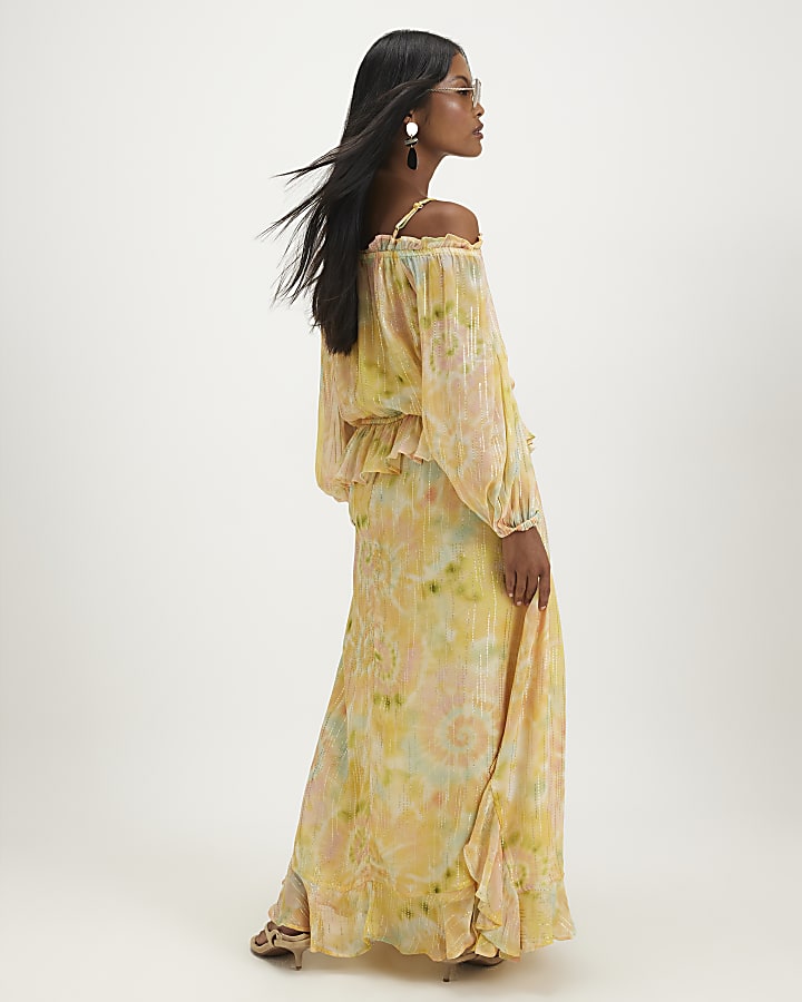 Petite Yellow Metallic Tie Dye Maxi Dress
