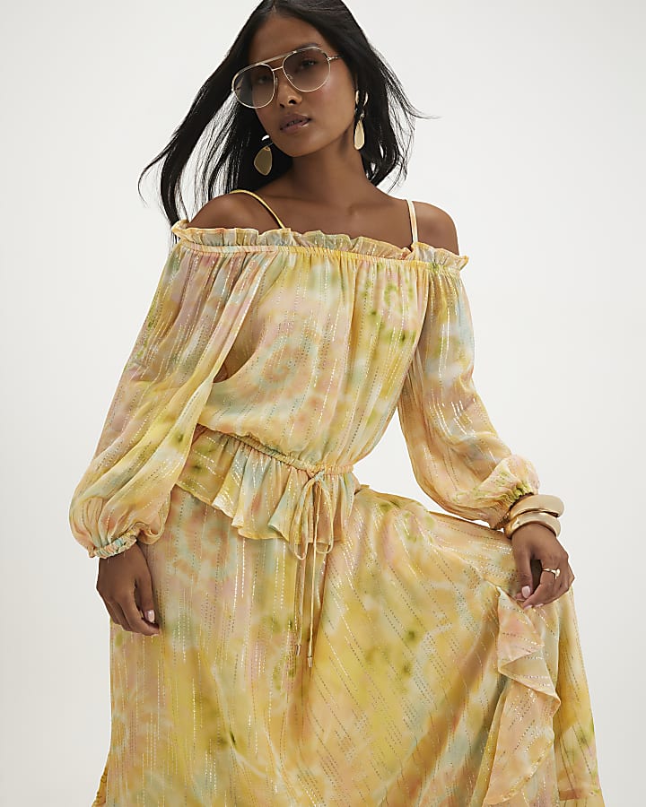 Petite Yellow Metallic Tie Dye Maxi Dress