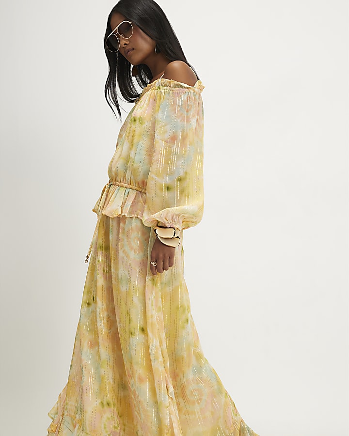 Petite Yellow Metallic Tie Dye Maxi Dress