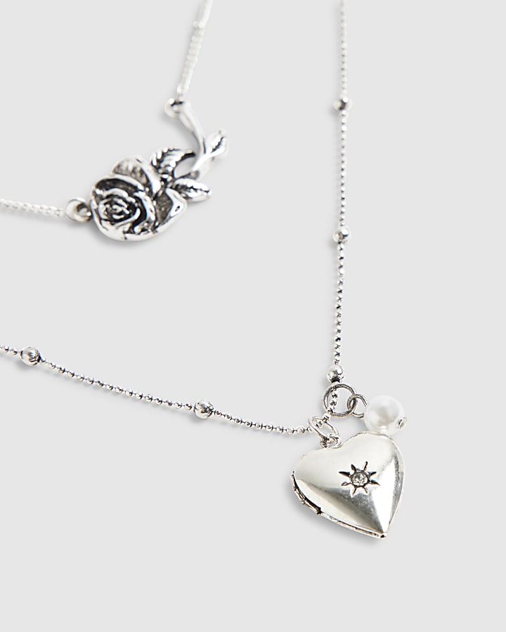 Silver Locket And Rose Multirow Necklace