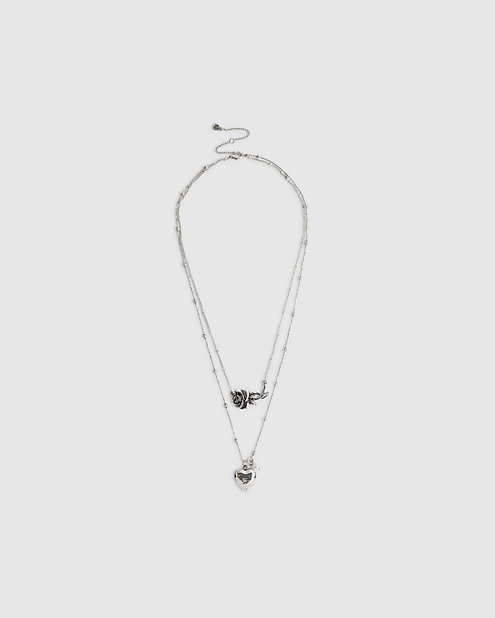 Silver Locket And Rose Multirow Necklace