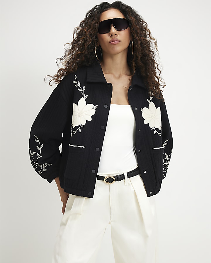 Black Quilted Embroidered Shacket