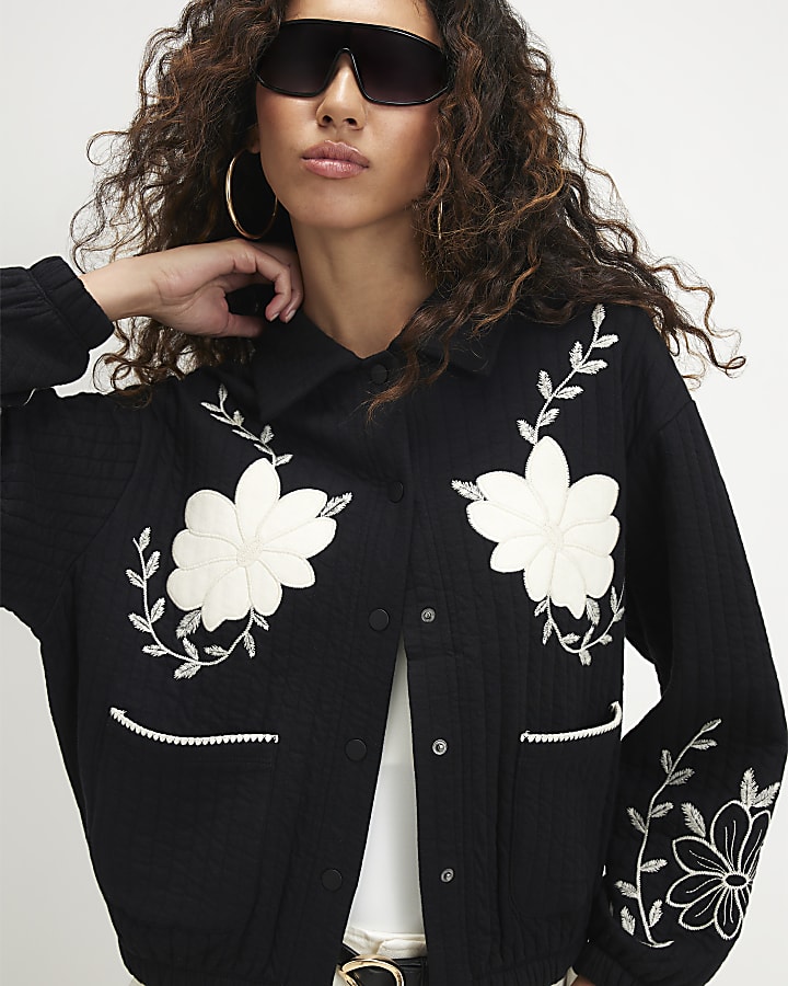Black Quilted Embroidered Shacket