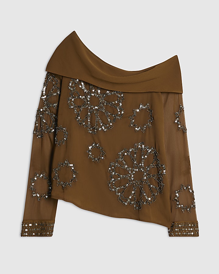 Khaki Embellished Off The Shoulder Top