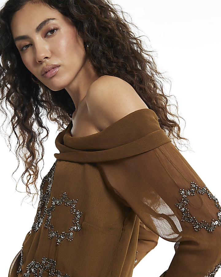 Khaki Embellished Off The Shoulder Top