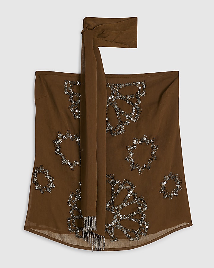 Khaki Embellished Bandeau Scarf Top