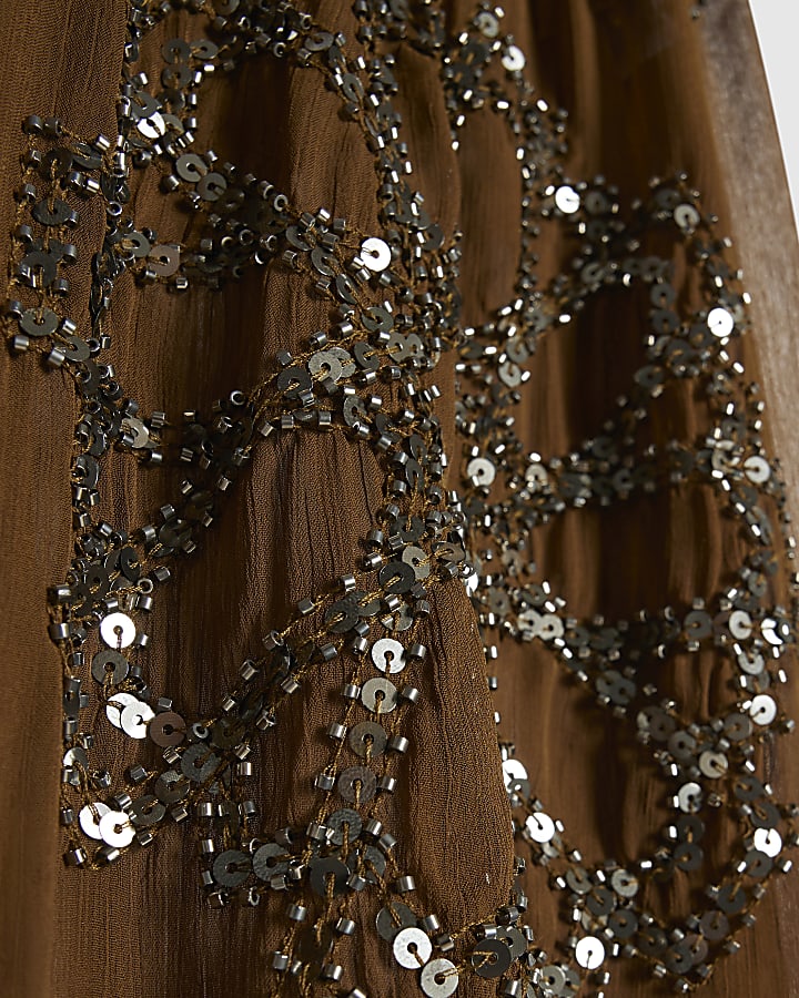 Khaki Embellished Sheer Balloon Leg Trousers